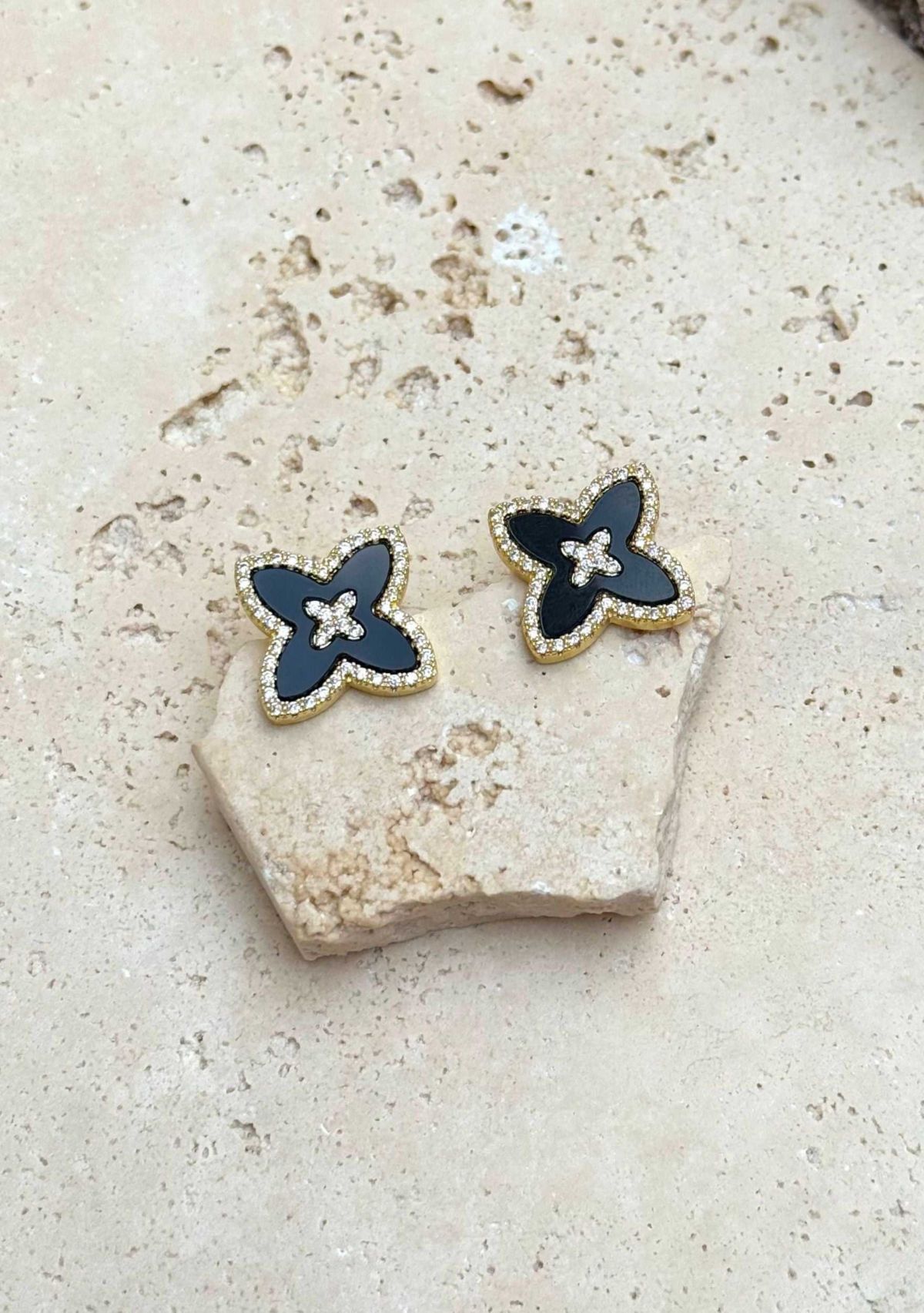 14k Gold Plated CZ Black Statement Flower Stud