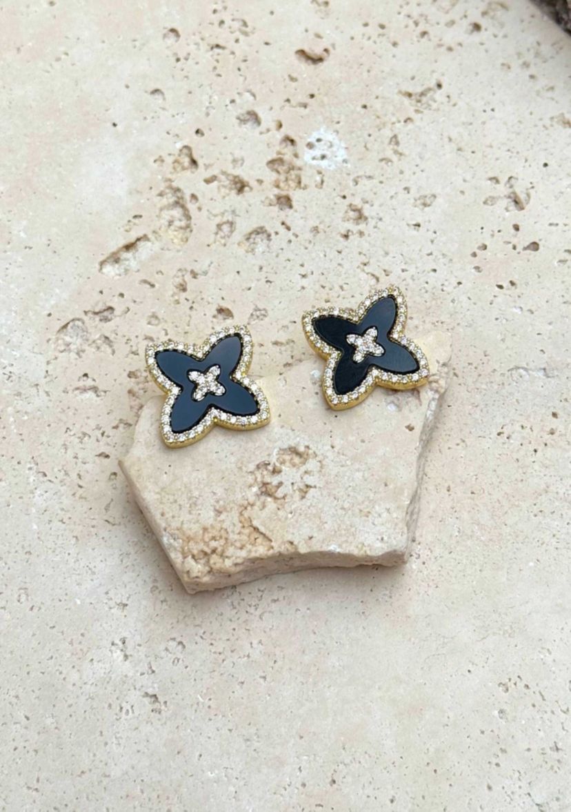 14k Gold Plated CZ Black Statement Flower Stud