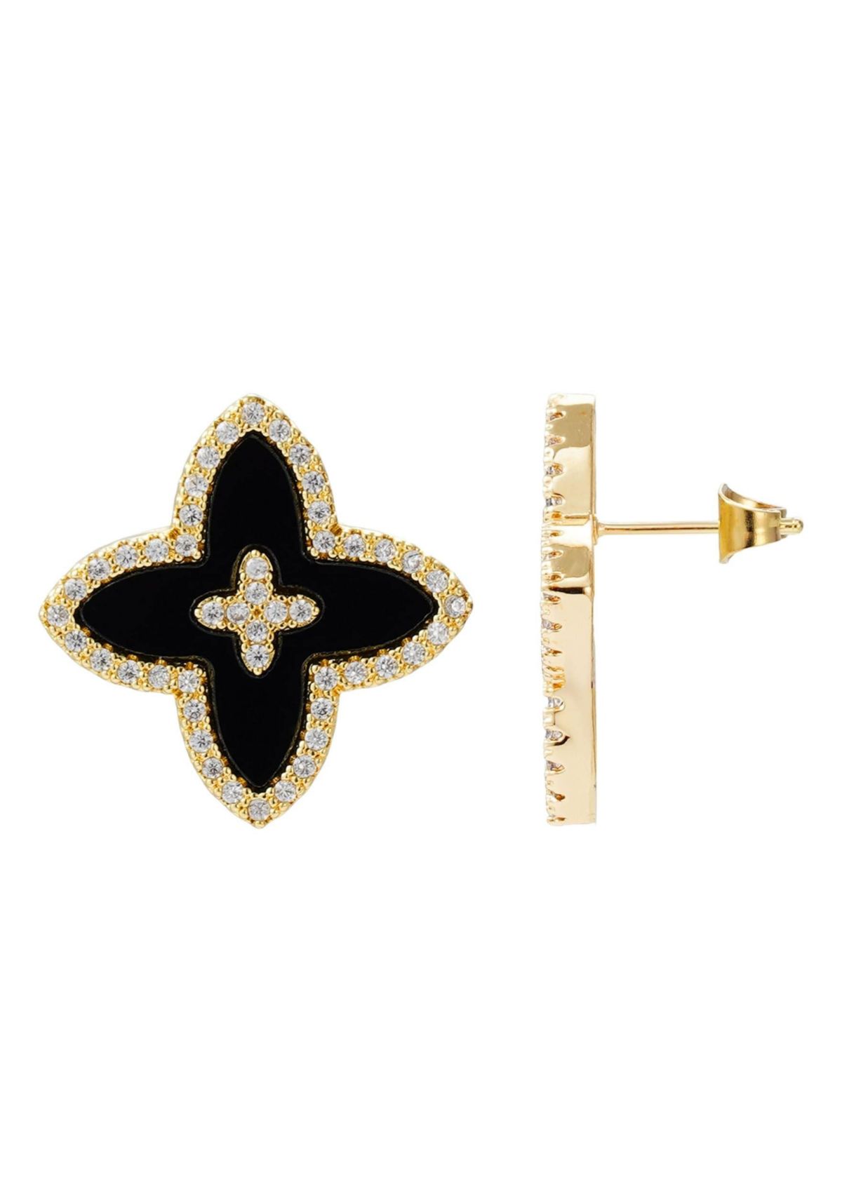 14k Gold Plated CZ Black Statement Flower Stud