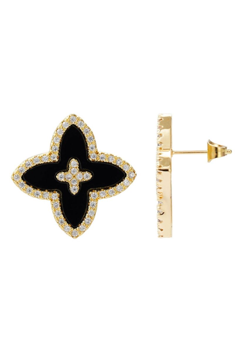 14k Gold Plated CZ Black Statement Flower Stud