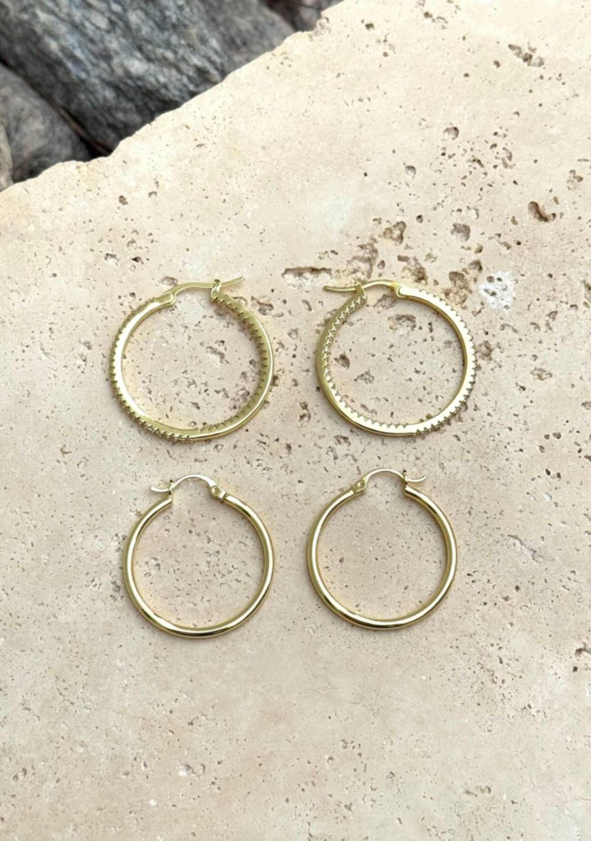 14k Gold Plated Infinity CZ and Plain Hoop Earring Set