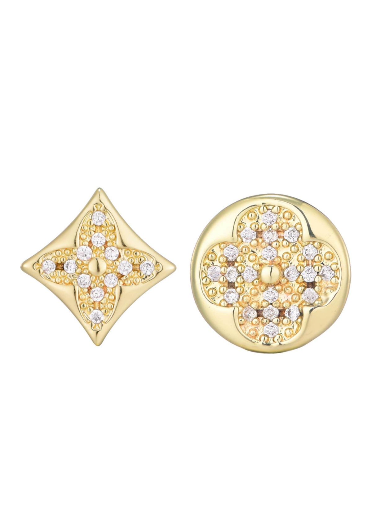 14k Gold Plated Mismatched CZ Clover Stud Earring Pair