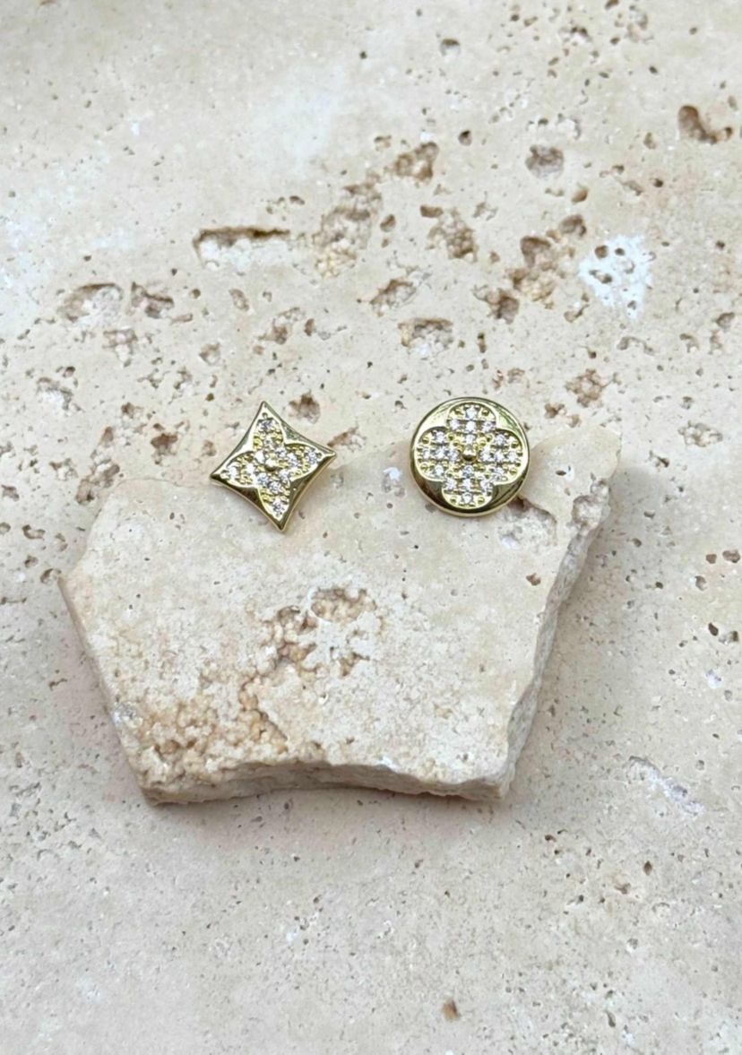 14k Gold Plated Mismatched CZ Clover Stud Earring Pair
