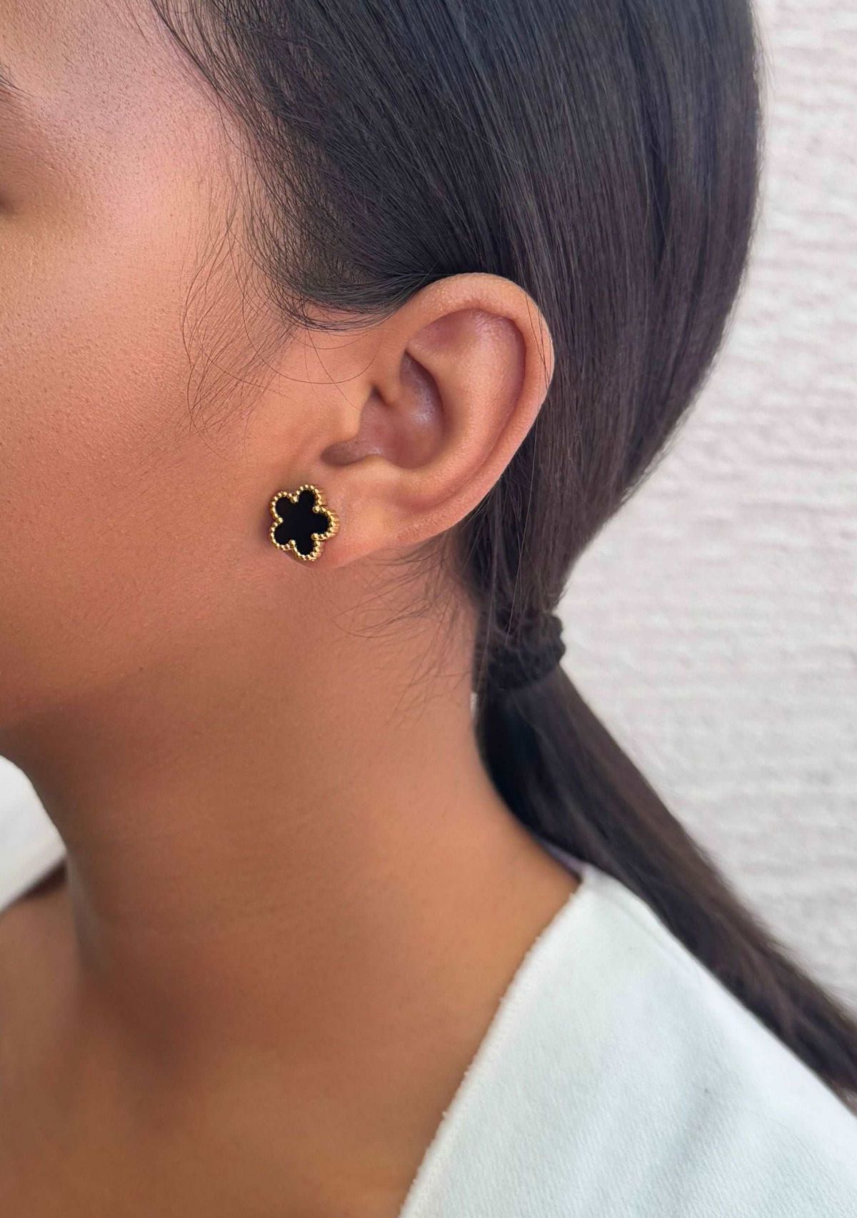 Tarnish Resistant 18k Gold Plated Black 5-Leaf Clover Stud Earrings