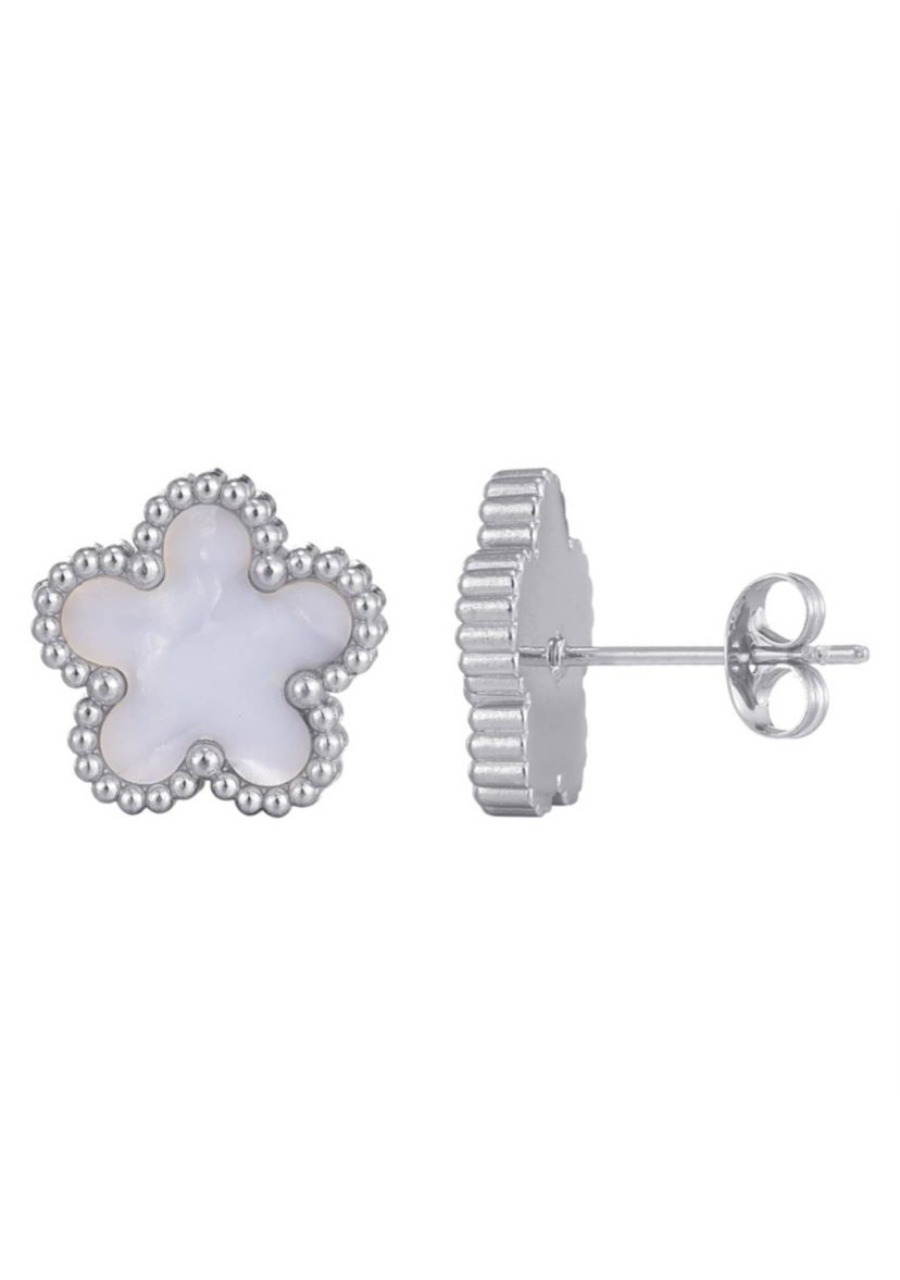 Tarnish Resistant Silver Plated Mother of Pearl 5-Leaf Clover Stud Earrings