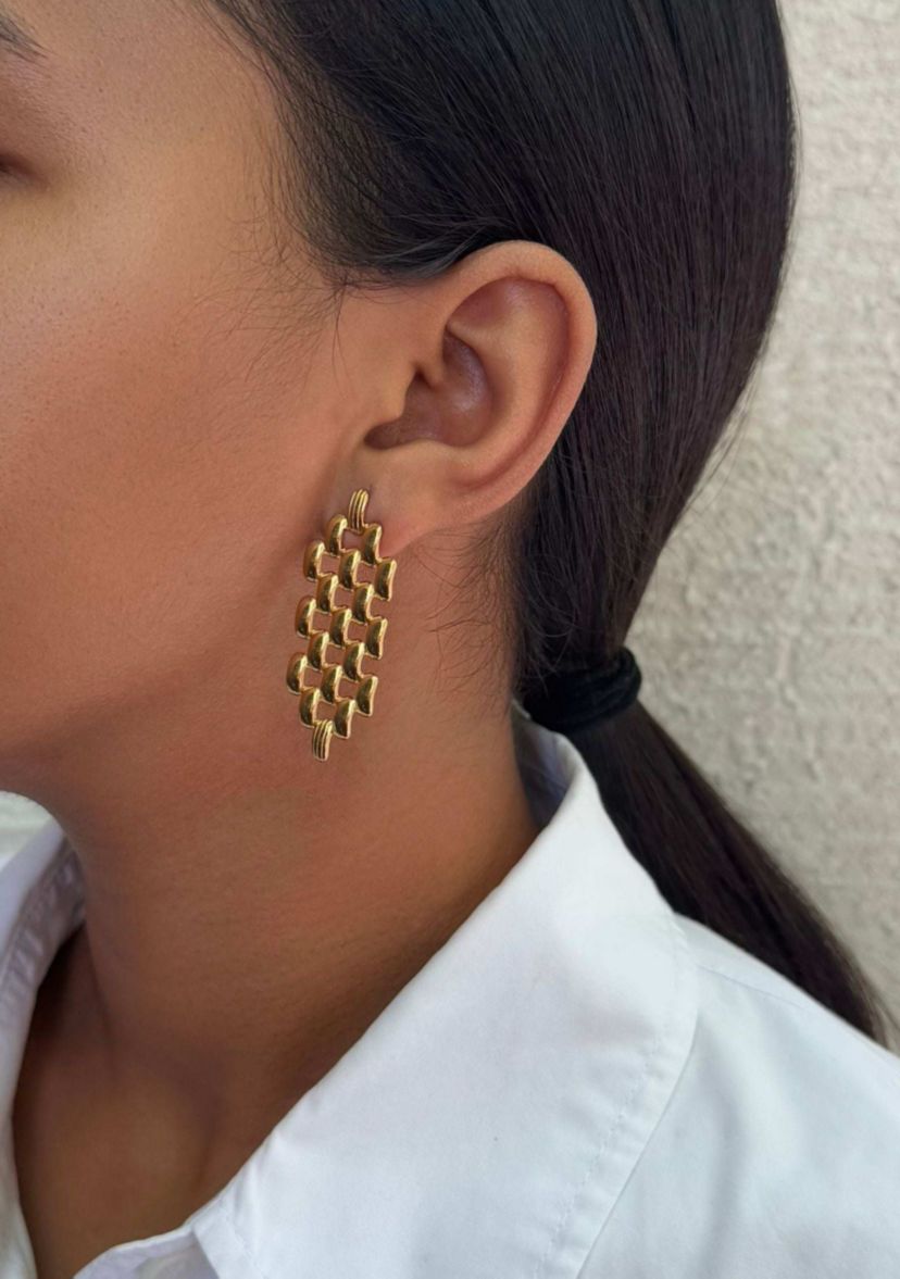 Tarnish Resistant 18k Gold Plated Grid Drop Earrings