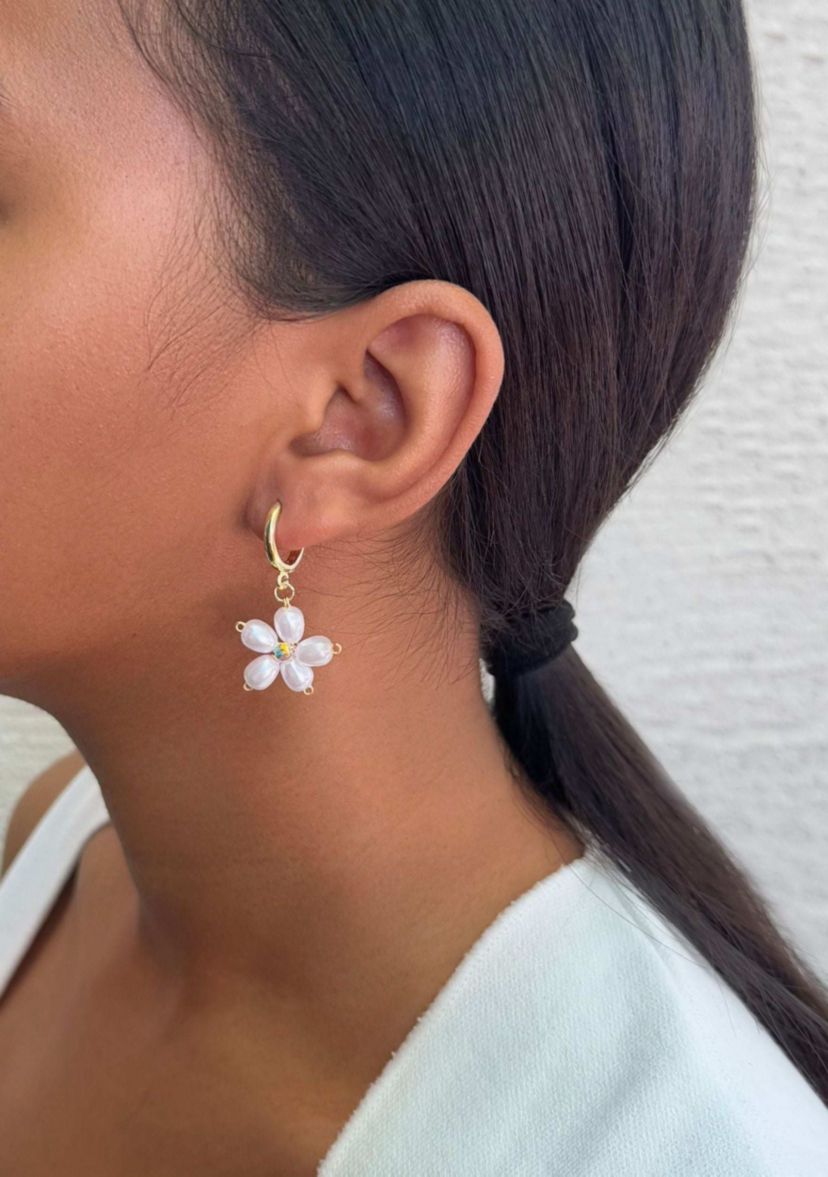 14k Gold Plated Pearl Flower Huggie Earrings