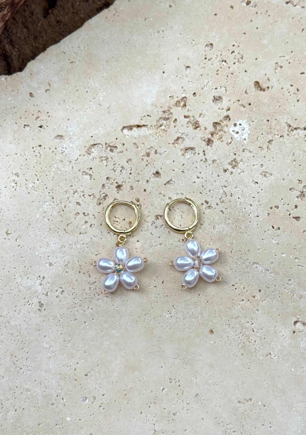 14k Gold Plated Pearl Flower Huggie Earrings