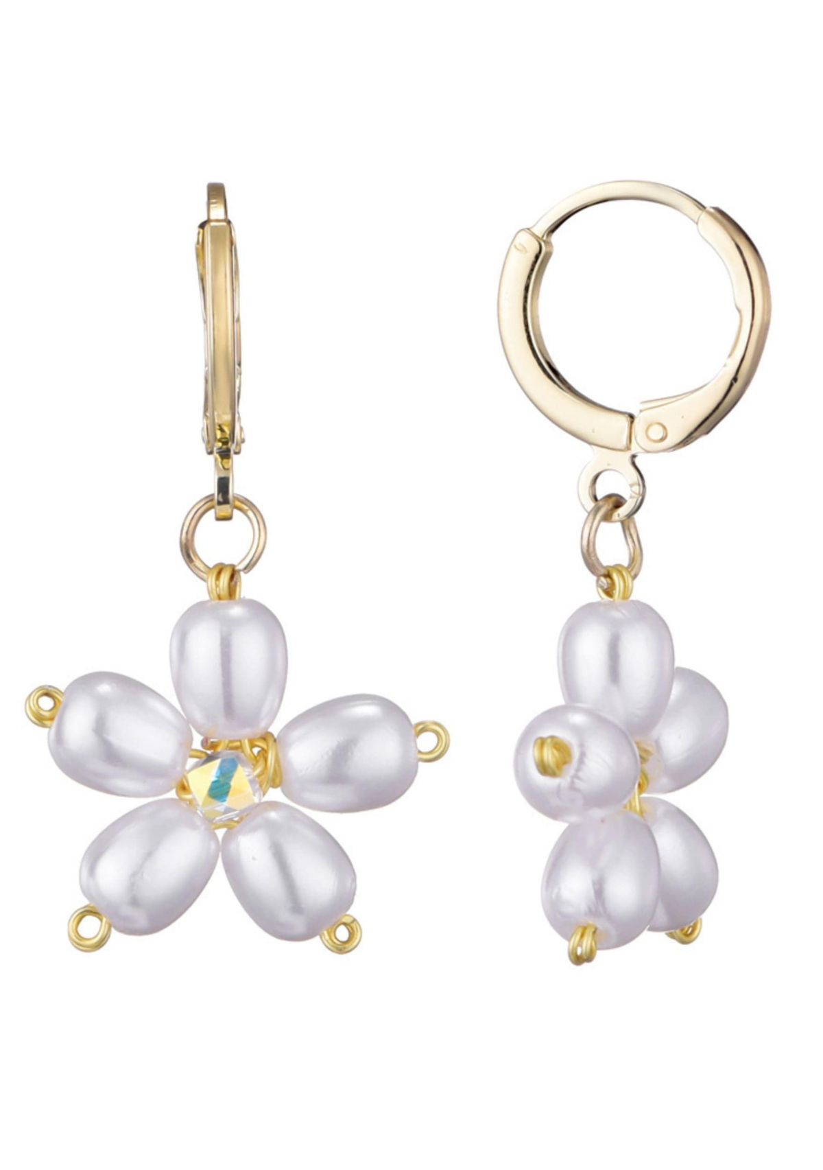 14k Gold Plated Pearl Flower Huggie Earrings