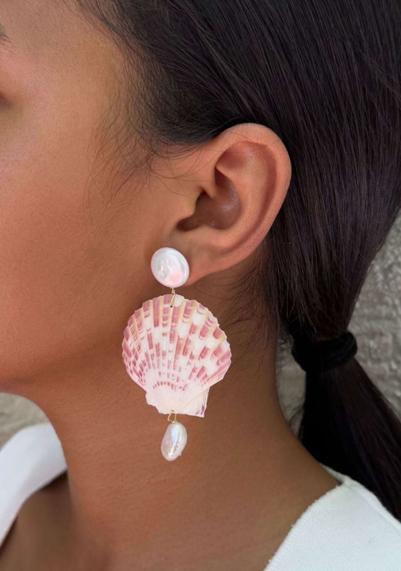 Pink Shell and Shell Pearl 3-Drop Earrings