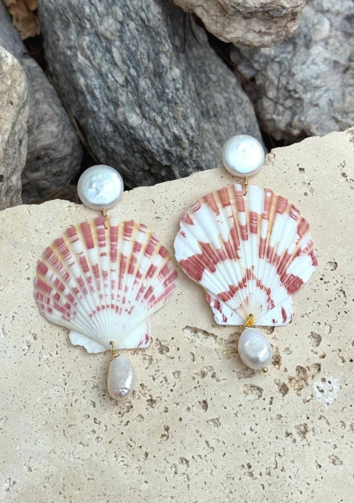 Pink Shell and Shell Pearl 3-Drop Earrings