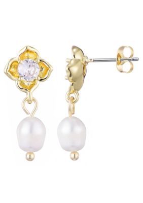 Adornia 14k Gold Plated Freshwater Pearl Crystal Flower Earrings