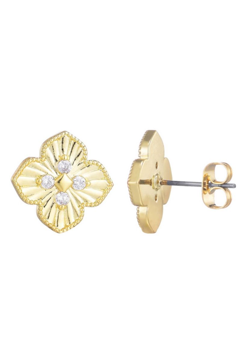 14k Gold Plate CZ Pointed Prismatic Clover Stud Earrings