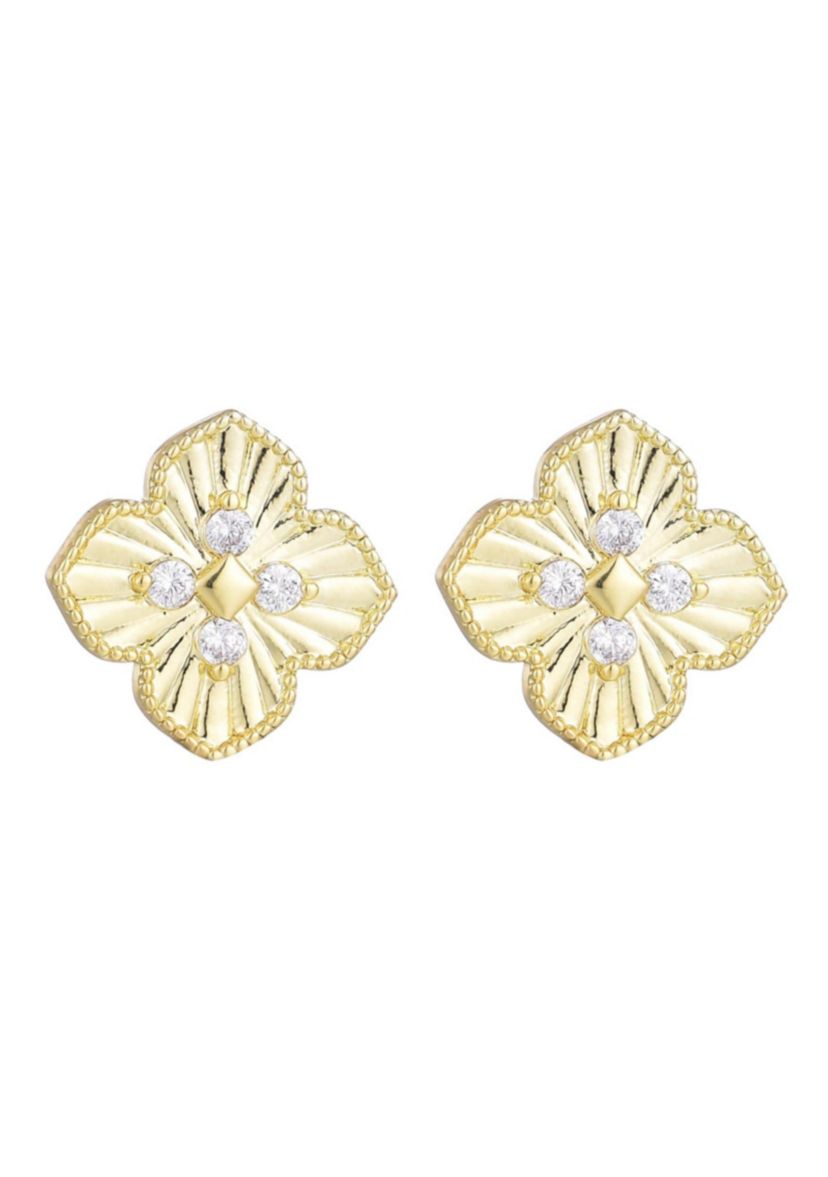 14k Gold Plate CZ Pointed Prismatic Clover Stud Earrings