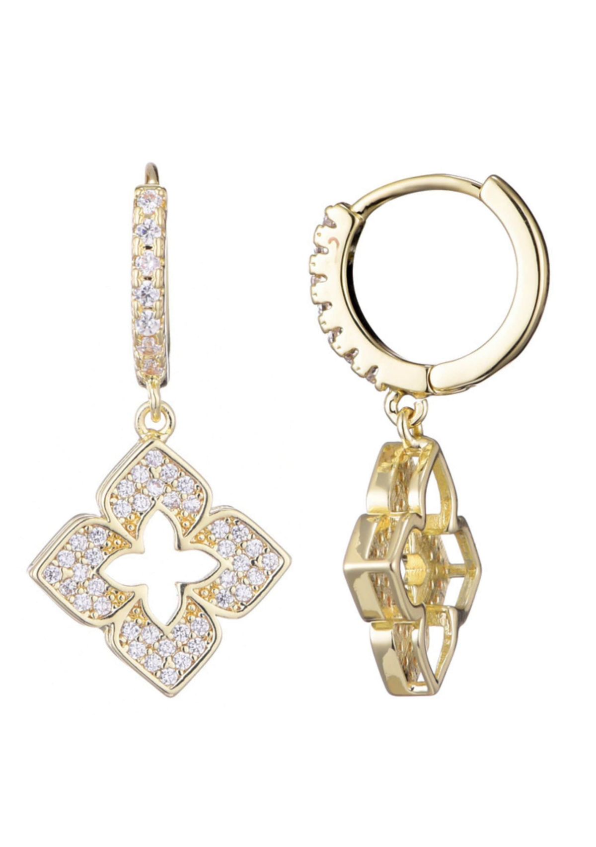 14k Gold Plated CZ Pointed Clover Drop Huggie Hoop Earrings