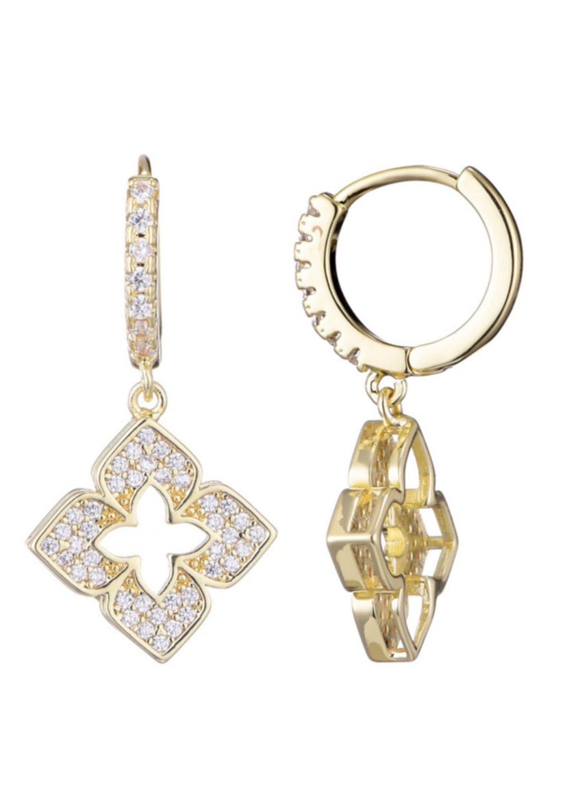 14k Gold Plated CZ Pointed Clover Drop Huggie Hoop Earrings