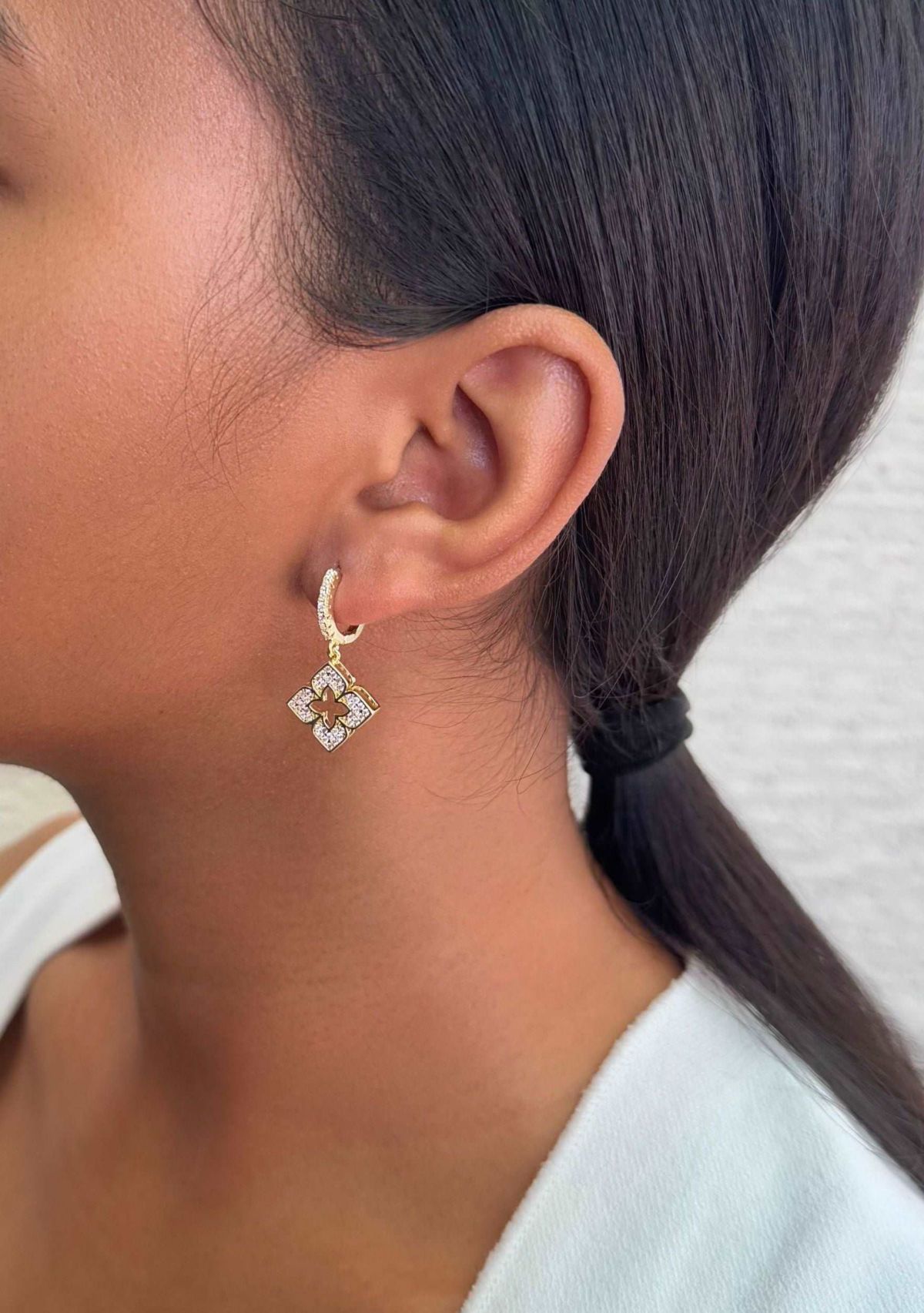 14k Gold Plated CZ Pointed Clover Drop Huggie Hoop Earrings