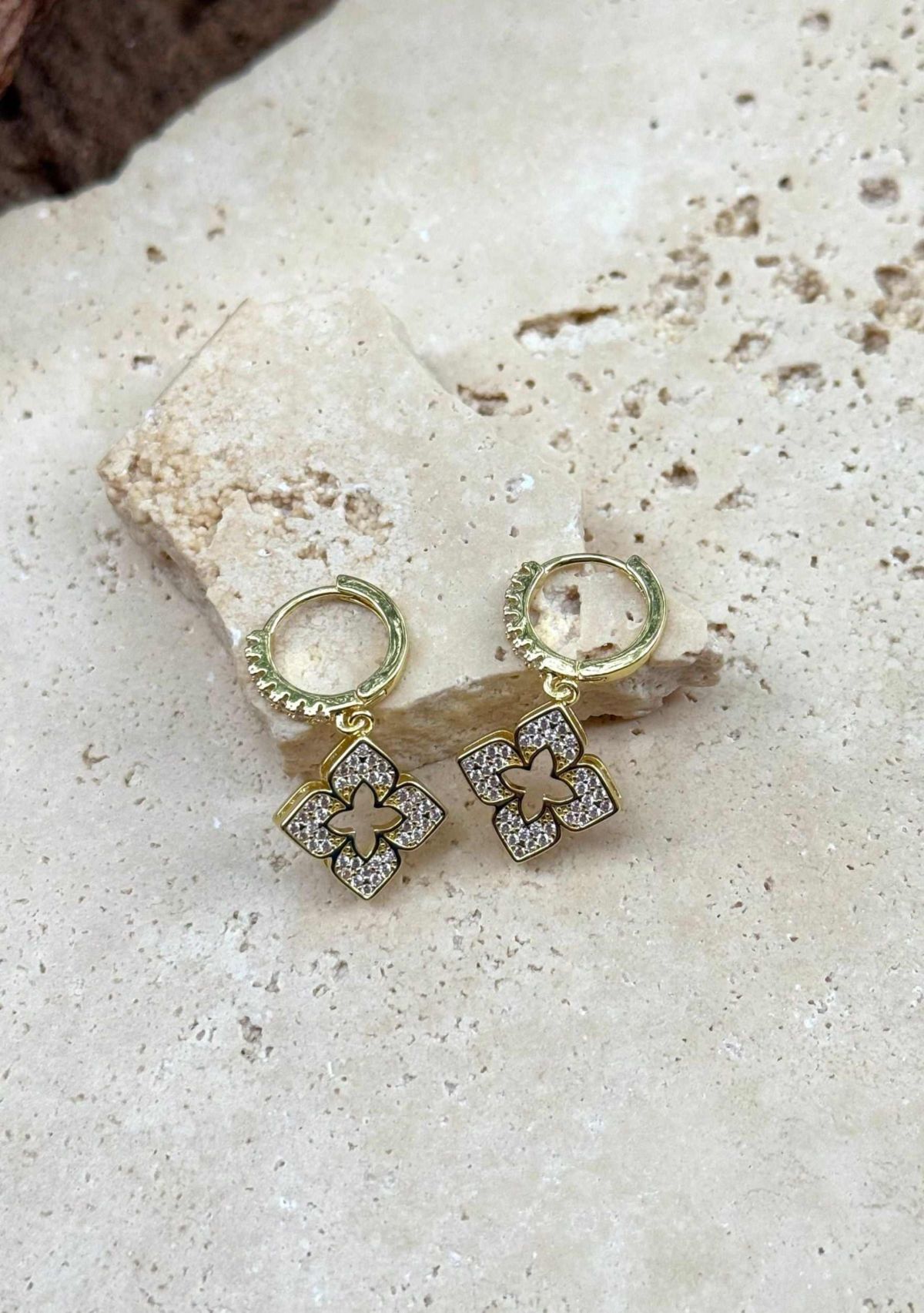 14k Gold Plated CZ Pointed Clover Drop Huggie Hoop Earrings