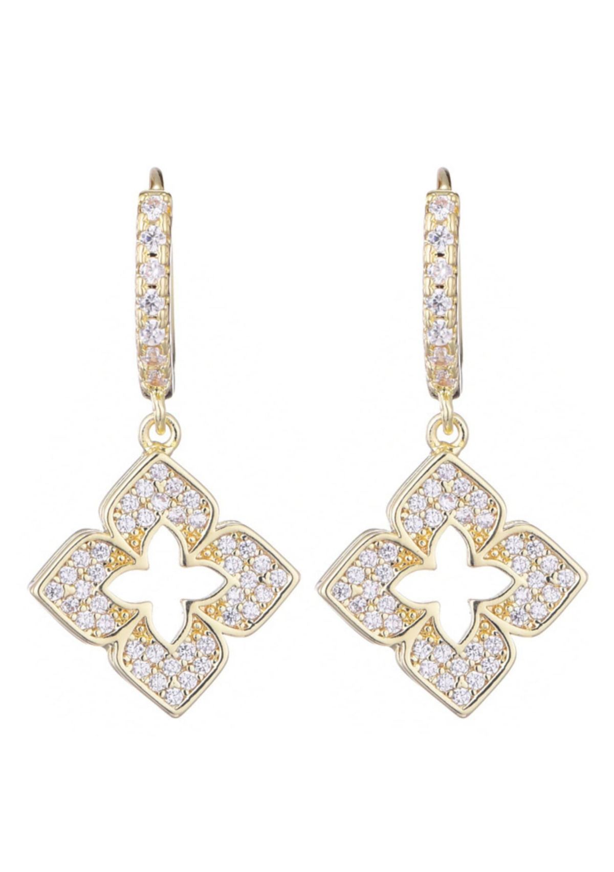 14k Gold Plated CZ Pointed Clover Drop Huggie Hoop Earrings
