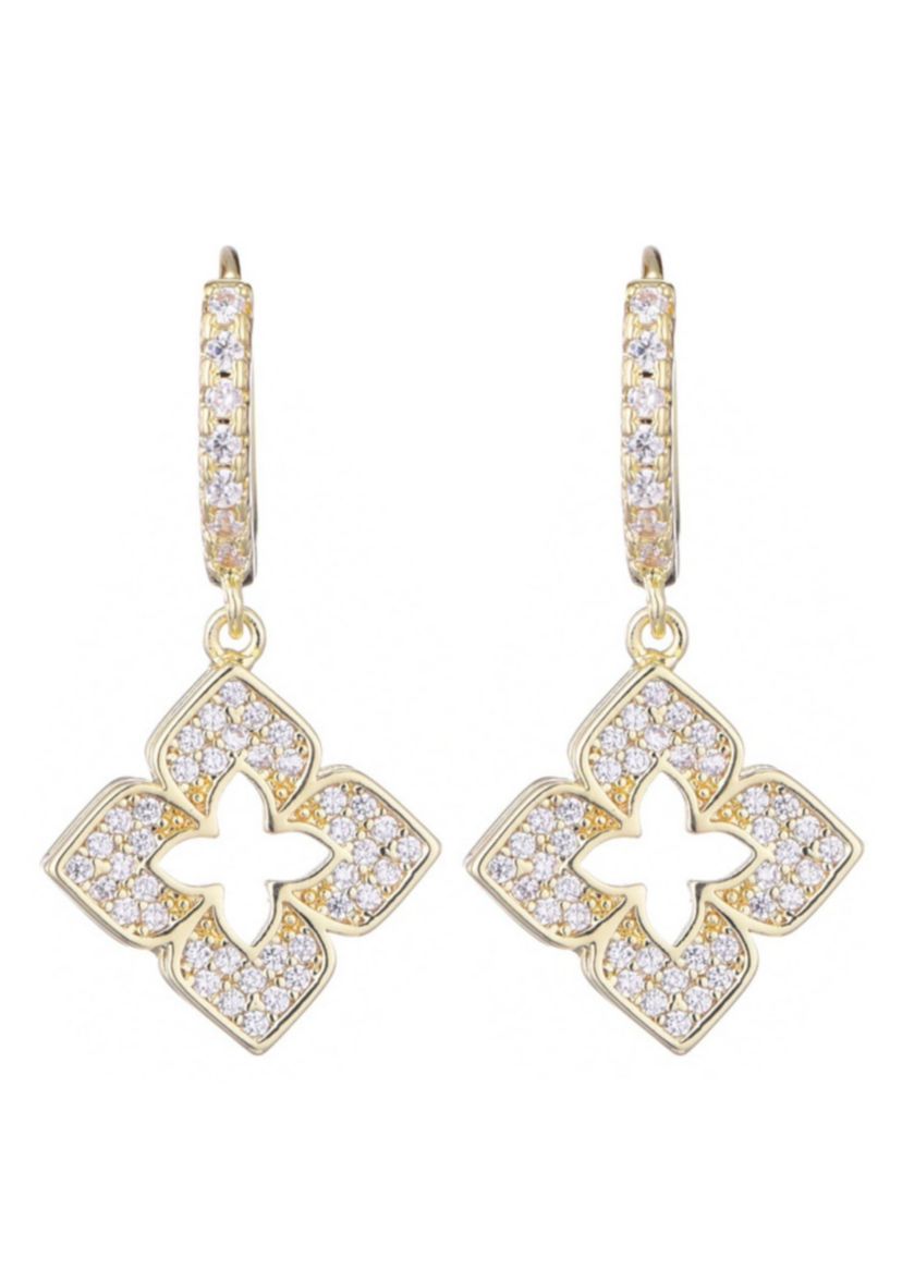 14k Gold Plated CZ Pointed Clover Drop Huggie Hoop Earrings