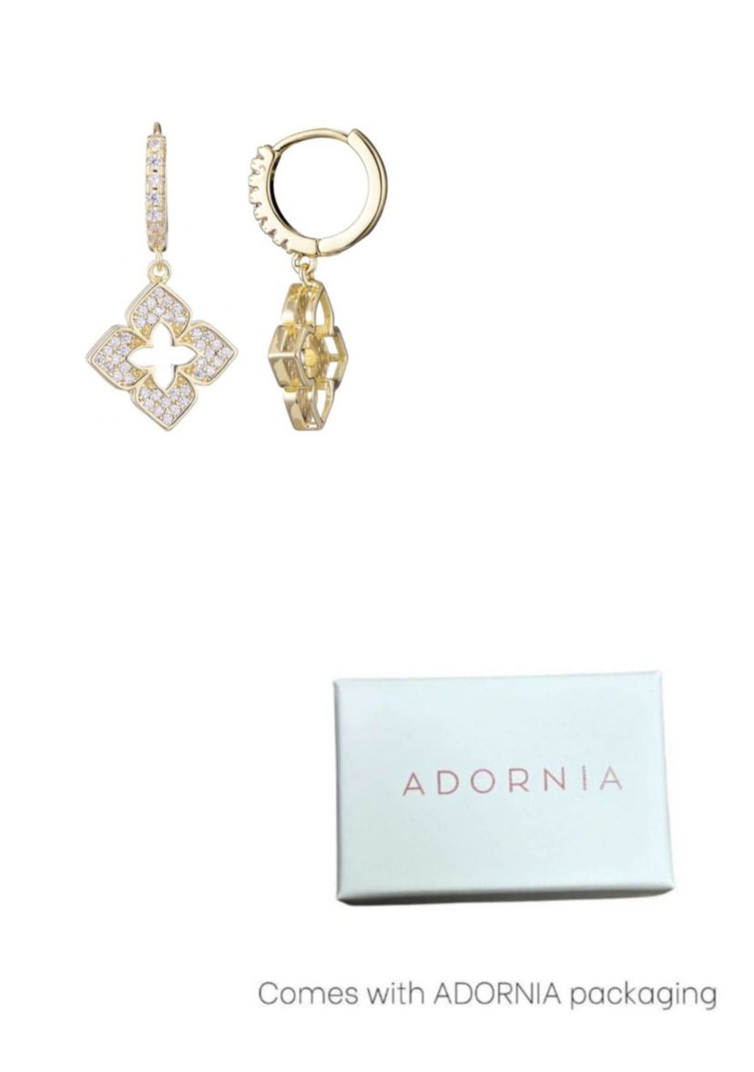 14k Gold Plated CZ Pointed Clover Drop Huggie Hoop Earrings