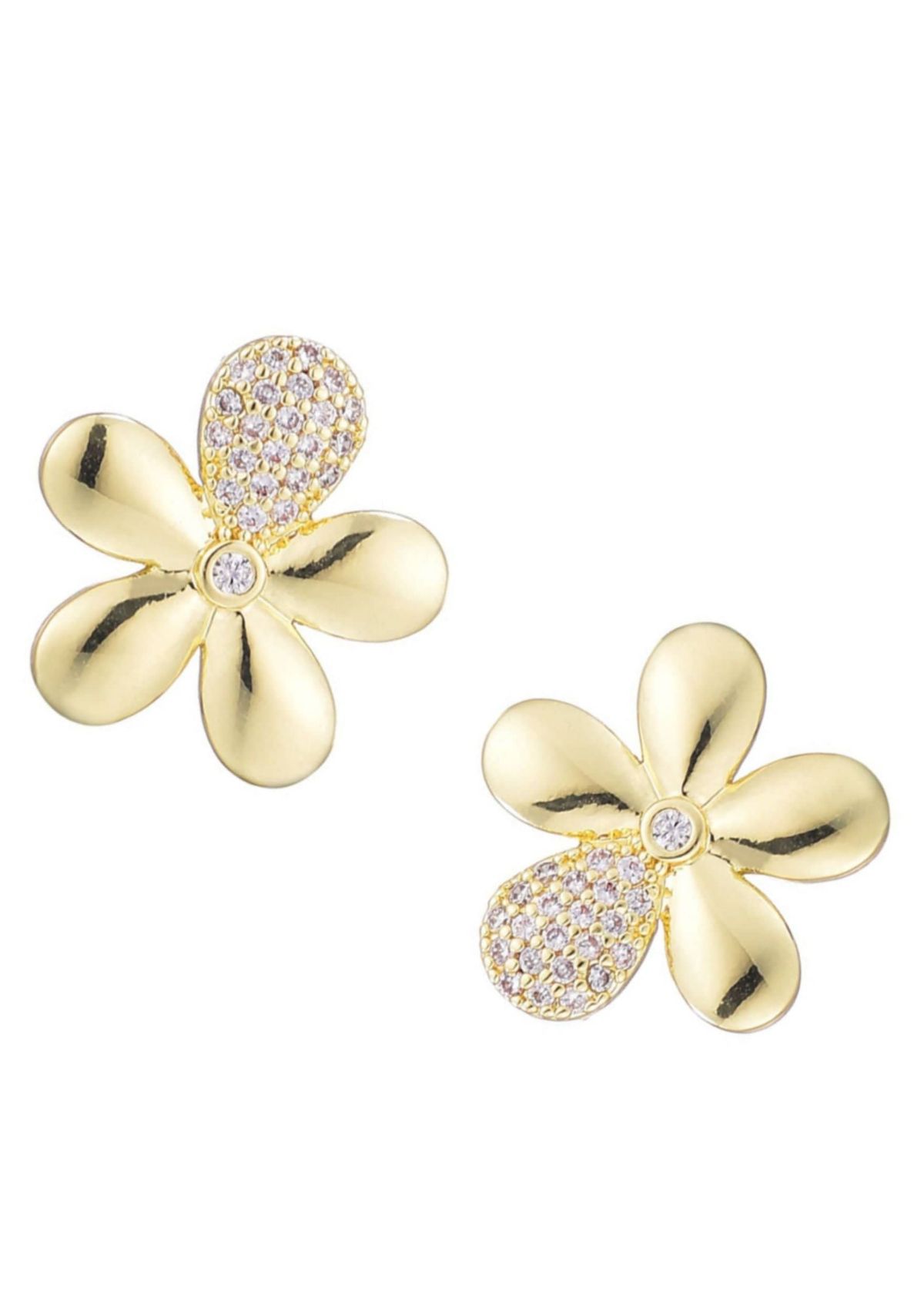 14k Gold Plated CZ Flower Petal Stud Earrings
