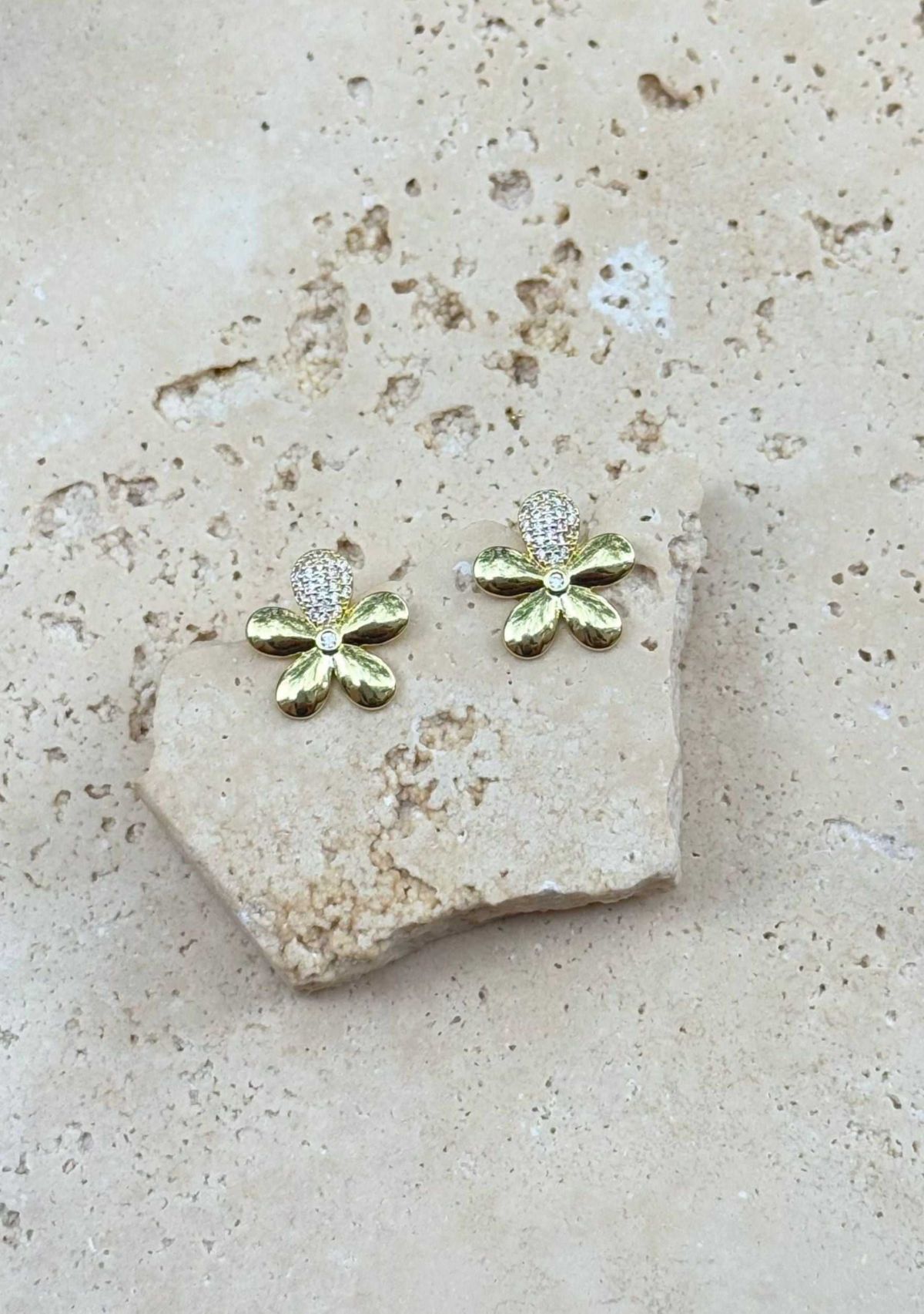 14k Gold Plated CZ Flower Petal Stud Earrings