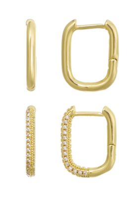 Adornia 14k Gold Plated CZ 2-Piece Rectangle Huggie Earring Set