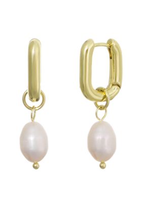 Adornia 14k Gold Plated Detachable Freshwater Pearl Rectangle Huggie Hoops