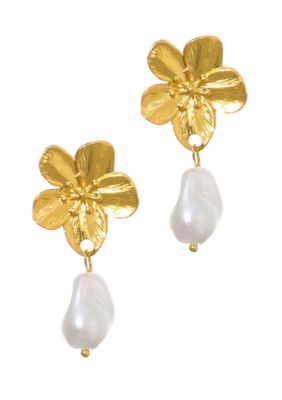 Adornia Tarnish Resistant 18k Gold Plated Statement Flower with Pearl Drop Earrings
