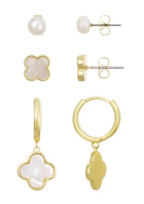 Adornia 14k Gold Plated Clover and Freshwater Pearl 3-Piece Earring Set