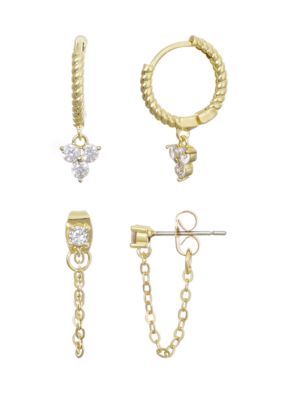 Adornia 14k Gold Plated CZ Huggie Hoop and Chain Wrap 2-Piece Earring Set