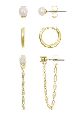 Adornia 14k Gold Plated Freshwater Pearl, Huggie, and Drop Chain 3-Piece Earring Set