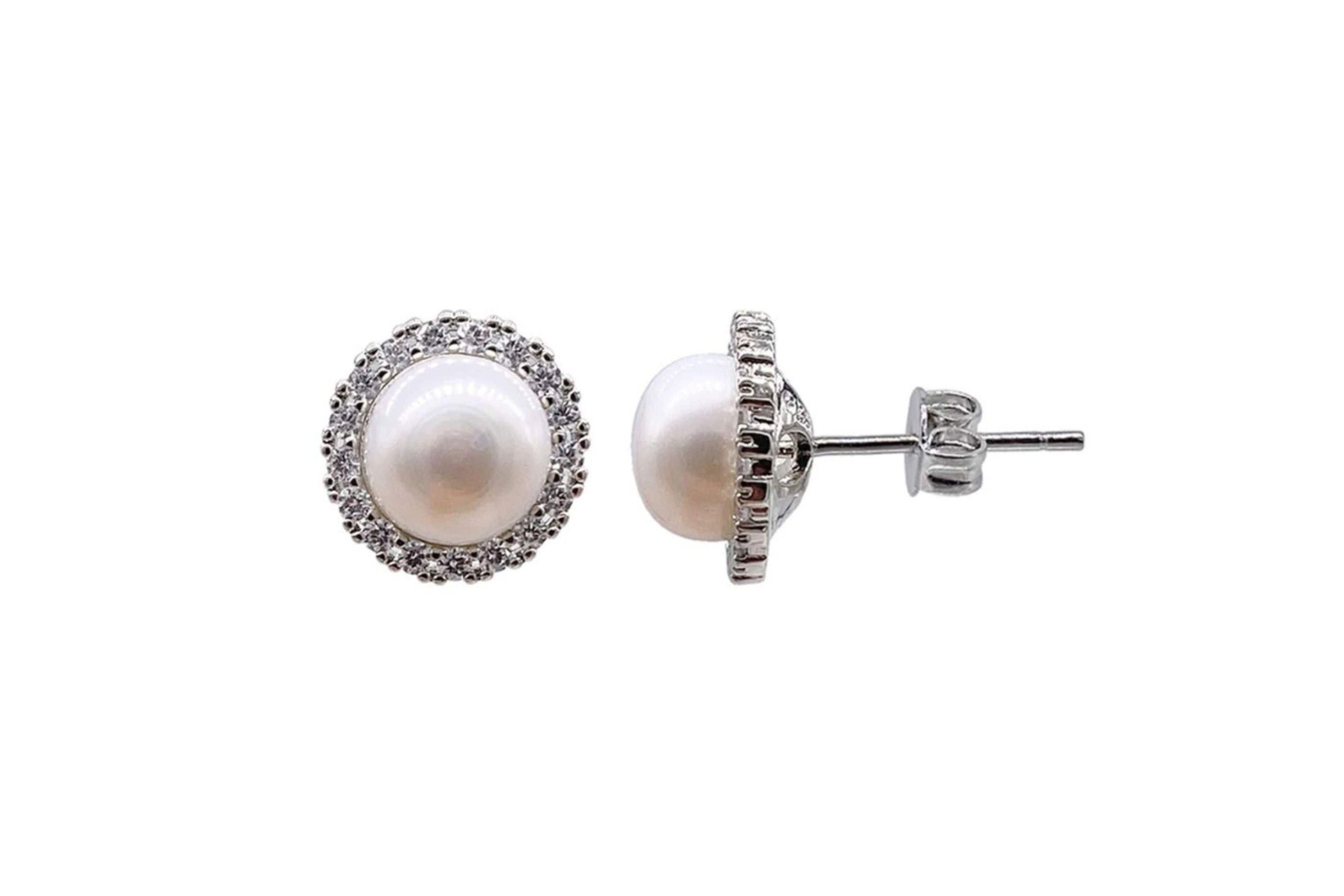 Rhodium Plated Halo Freshwater Pearl Crystal Studs