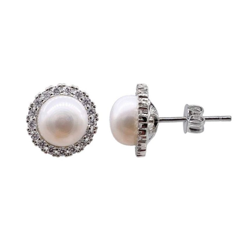 Rhodium Plated Halo Freshwater Pearl Crystal Studs