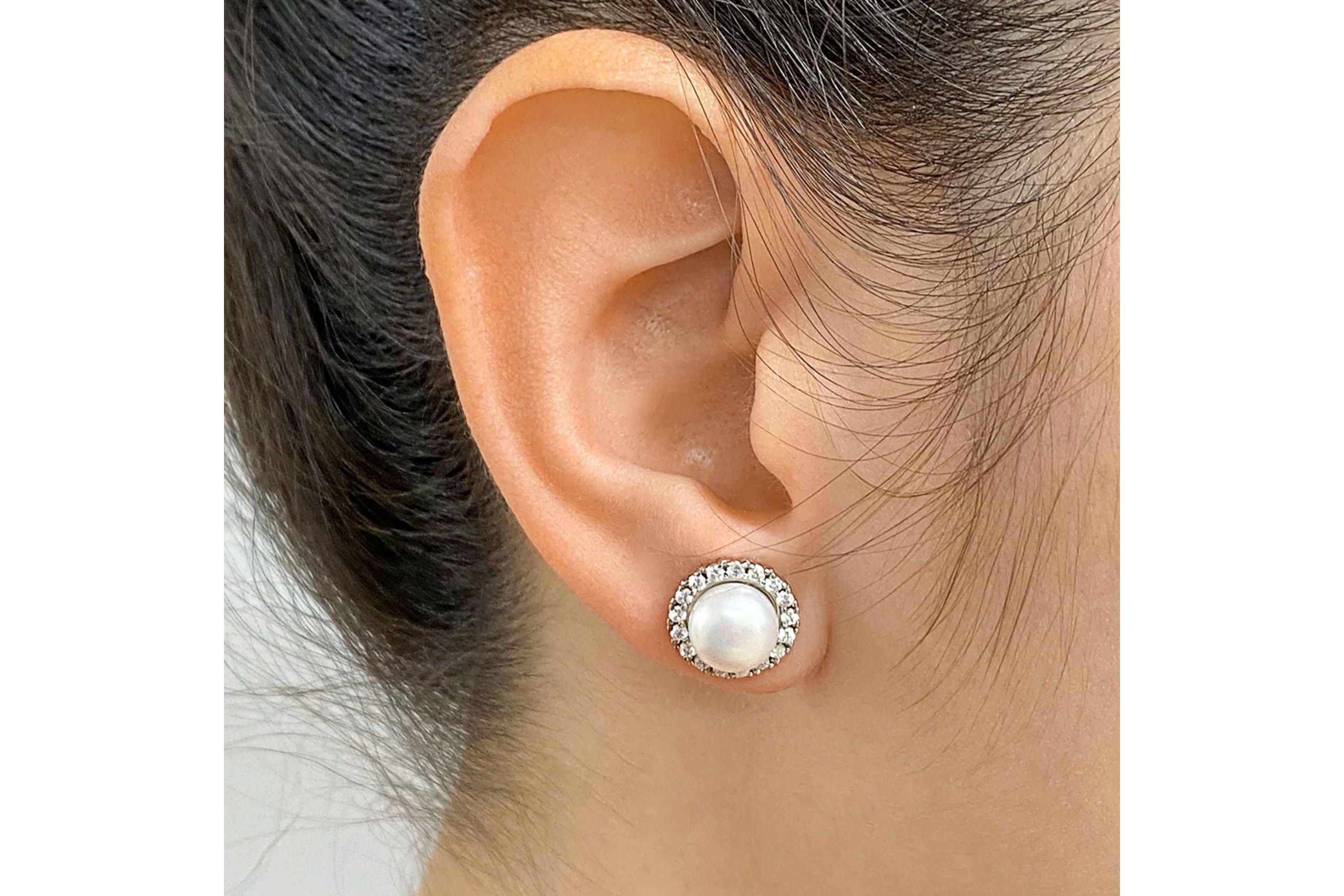 Rhodium Plated Halo Freshwater Pearl Crystal Studs