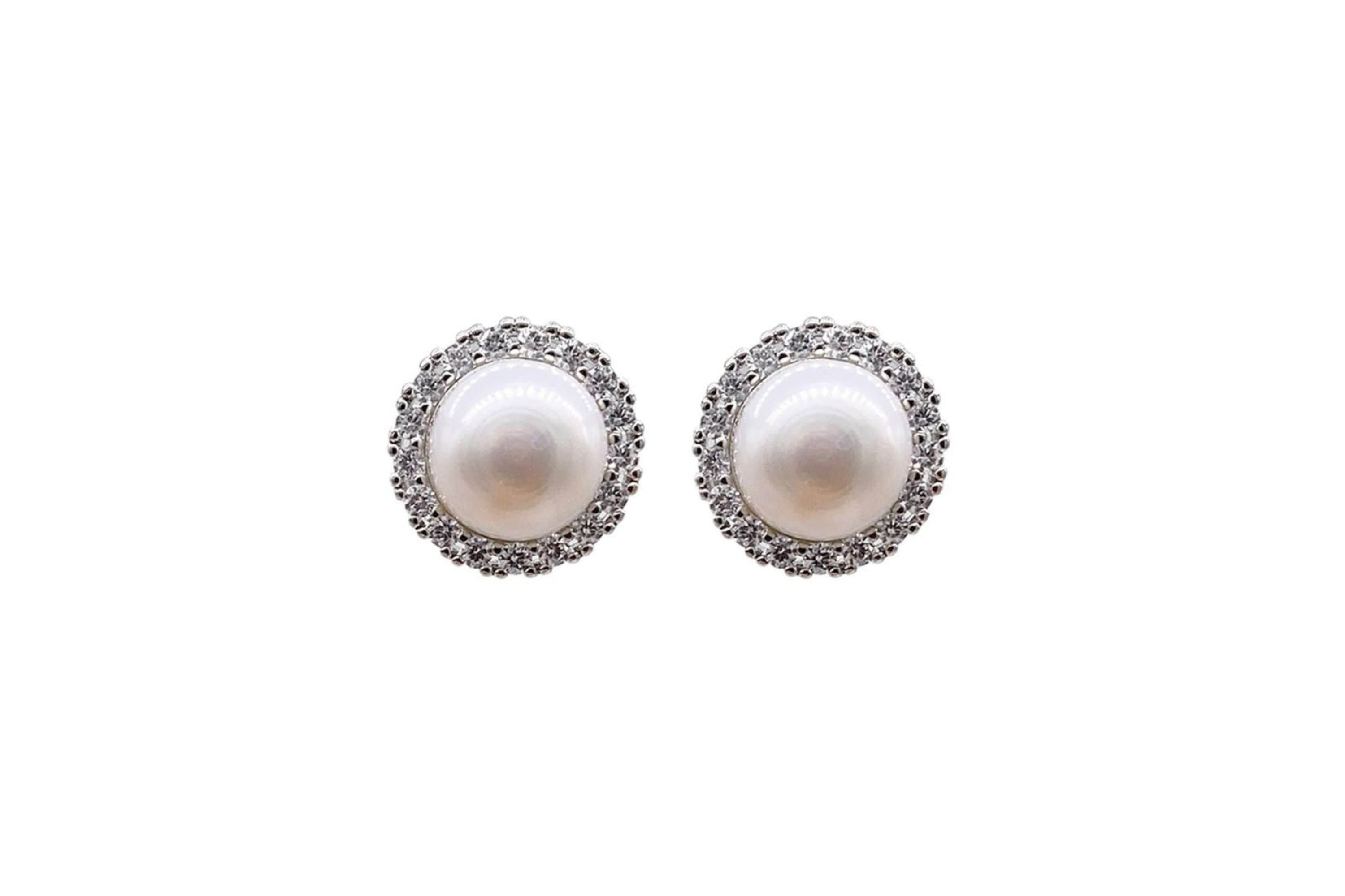 Rhodium Plated Halo Freshwater Pearl Crystal Studs