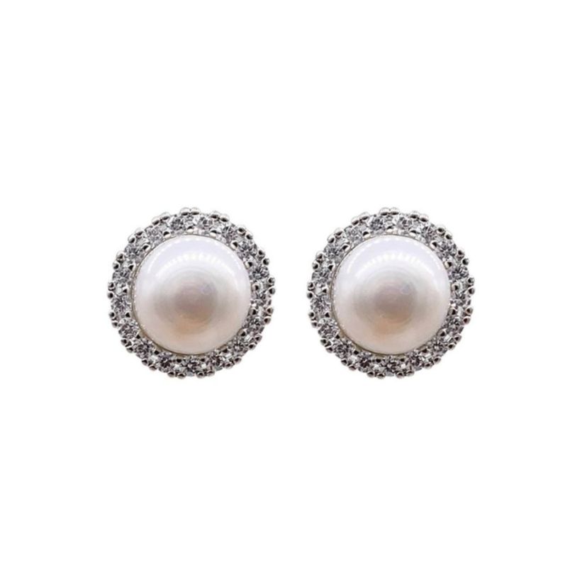 Rhodium Plated Halo Freshwater Pearl Crystal Studs