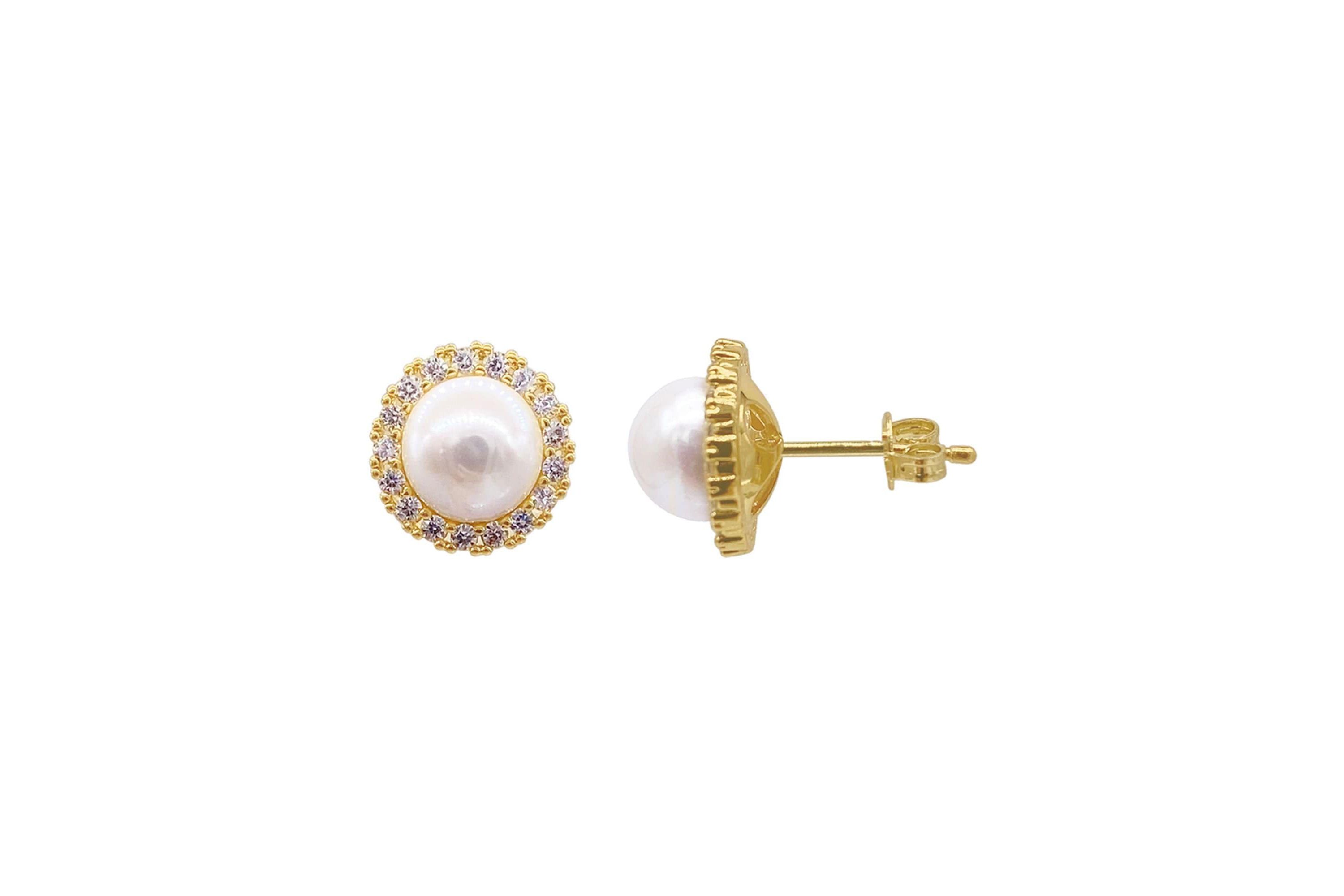 14k Gold Plated Halo Freshwater Pearl Crystal Studs