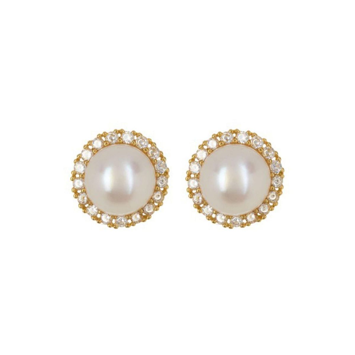 14k Gold Plated Halo Freshwater Pearl Crystal Studs