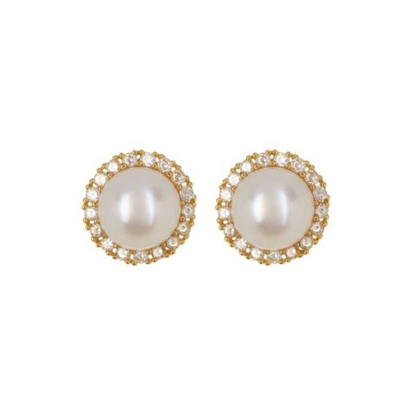 14k Gold Plated Halo Freshwater Pearl Crystal Studs
