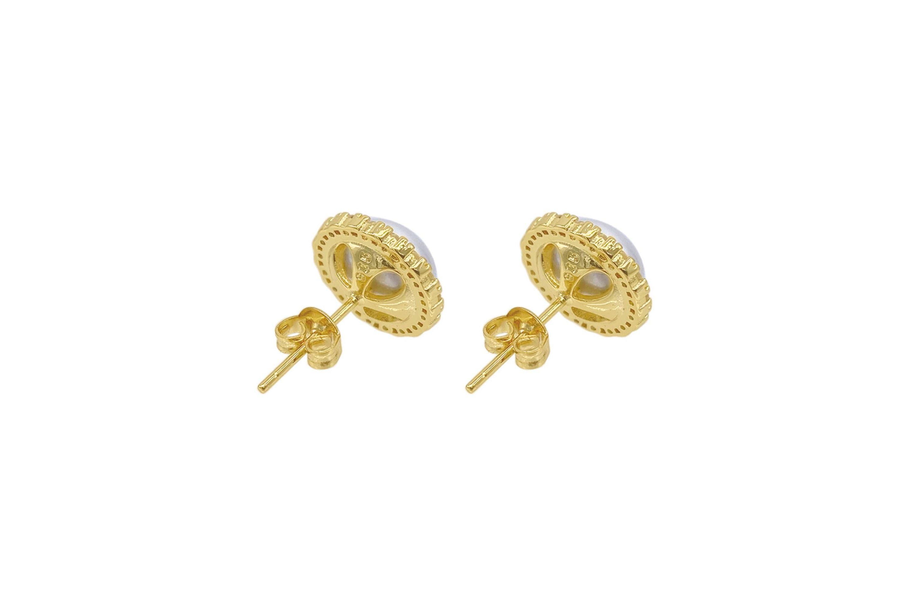 14k Gold Plated Halo Freshwater Pearl Crystal Studs
