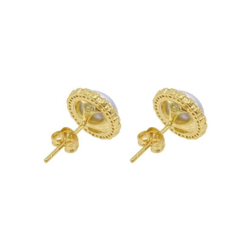 14k Gold Plated Halo Freshwater Pearl Crystal Studs