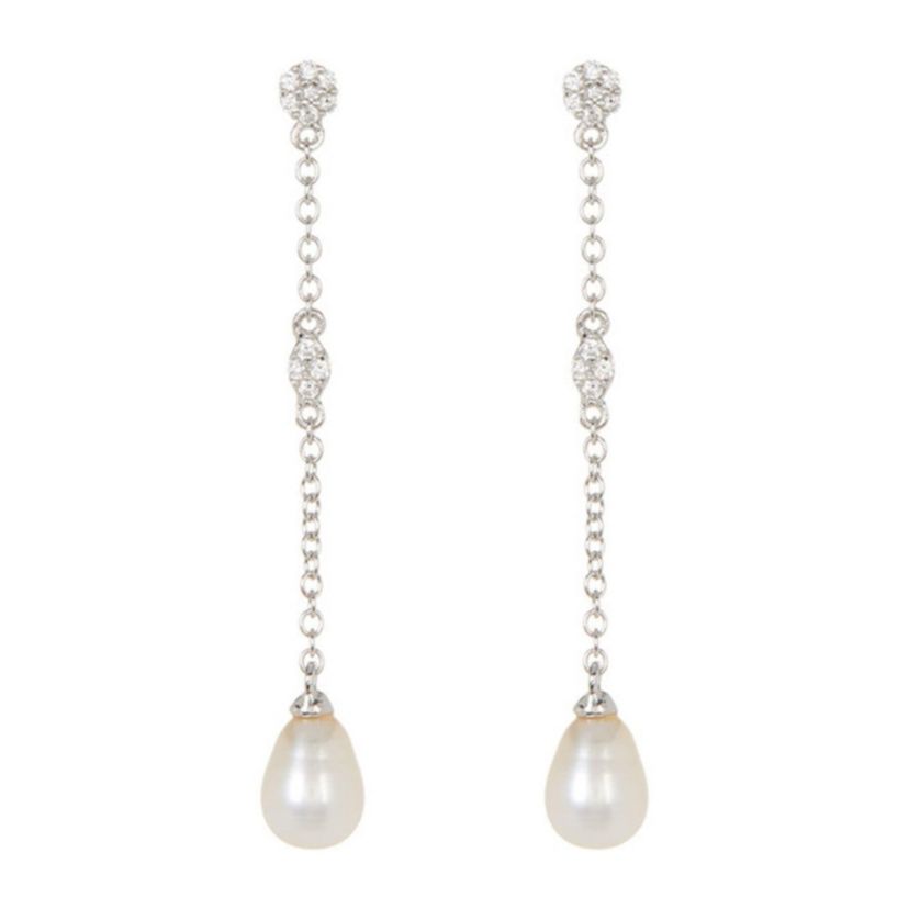 Rhodium Plated Freshwater Pearl Drop Earrings