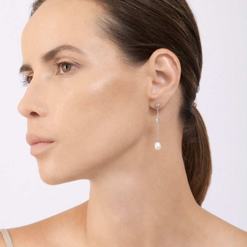 Rhodium Plated Freshwater Pearl Drop Earrings