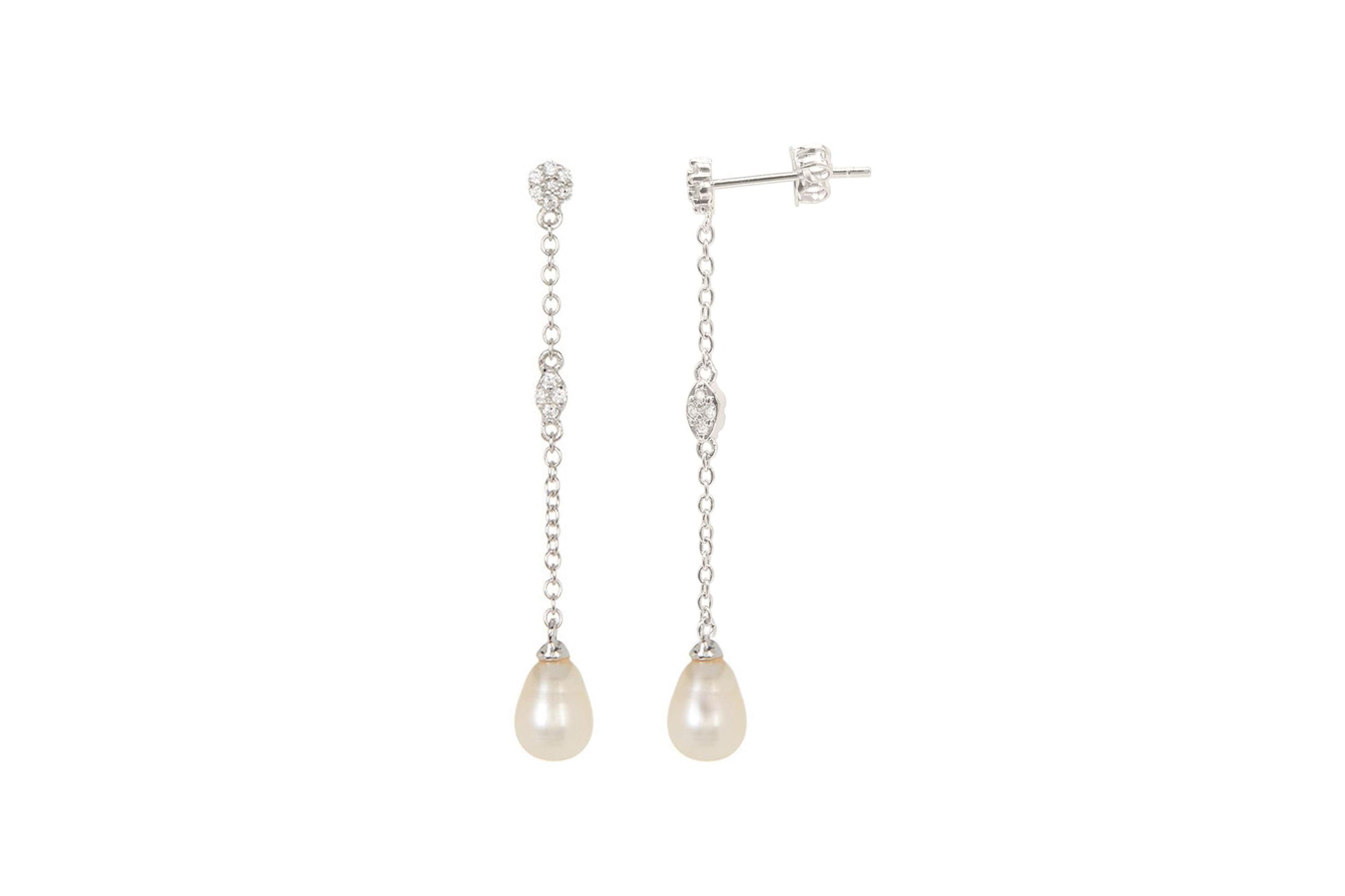Rhodium Plated Freshwater Pearl Drop Earrings