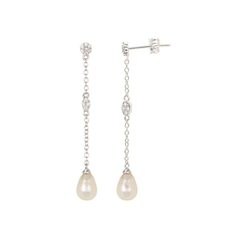 Rhodium Plated Freshwater Pearl Drop Earrings