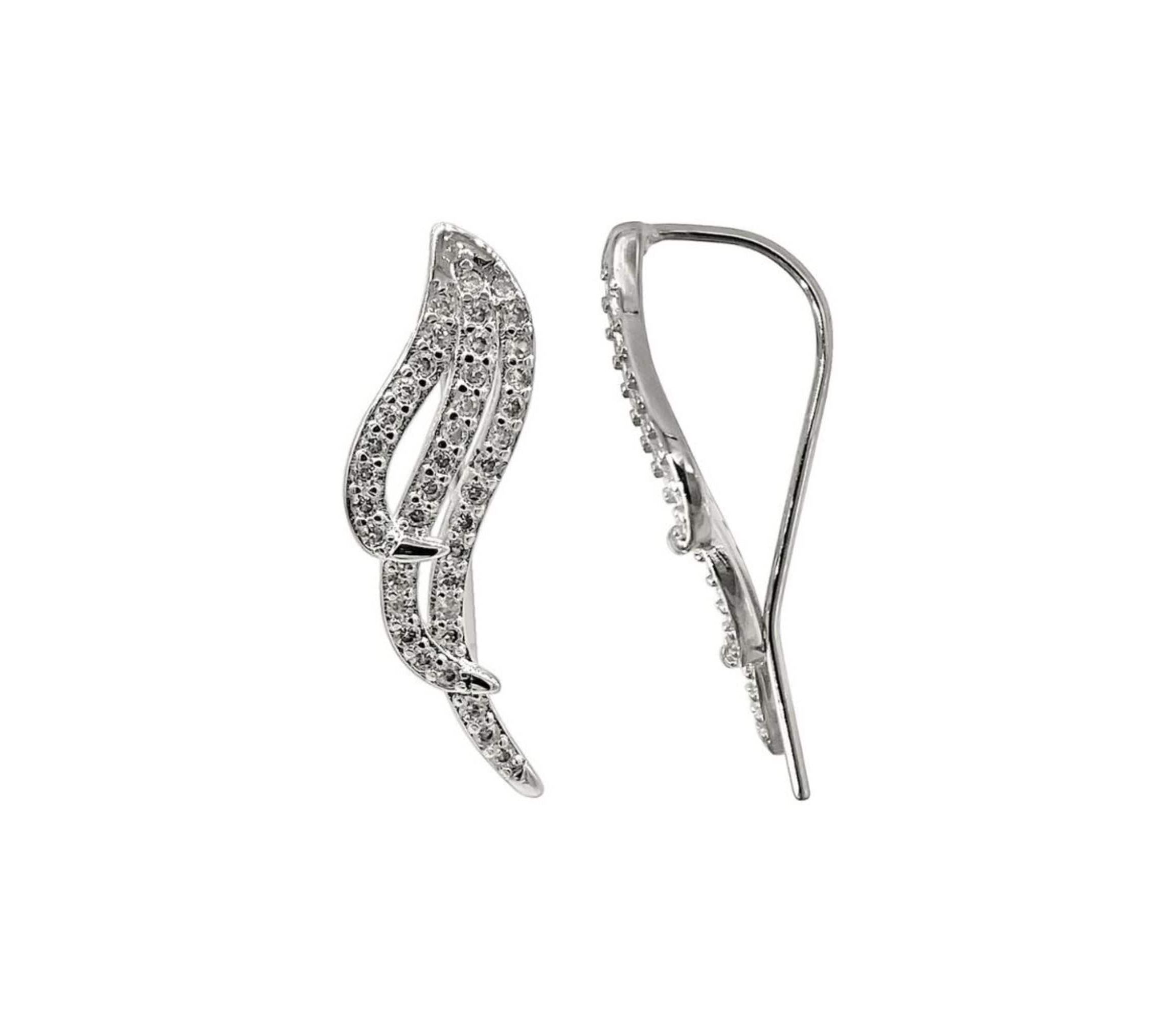 Rhodium Plated Wing Climber Earrings