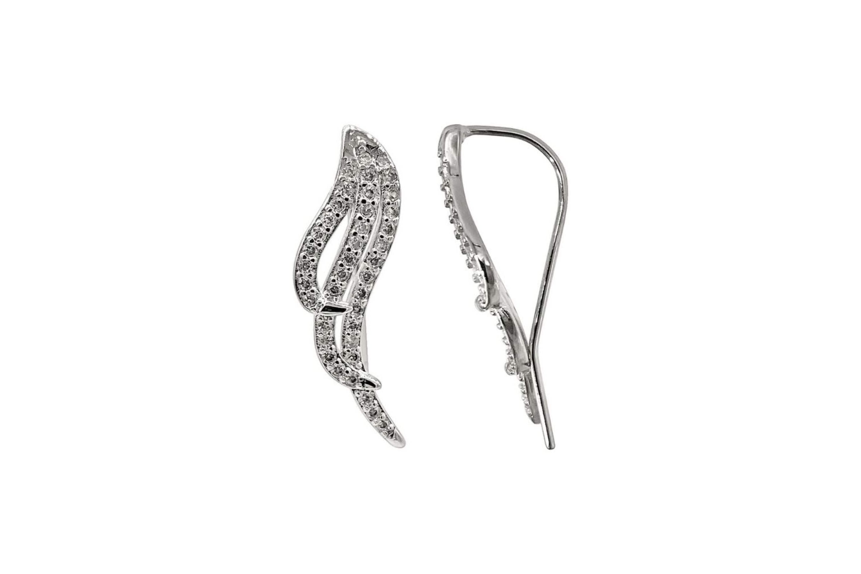 Rhodium Plated Wing Climber Earrings