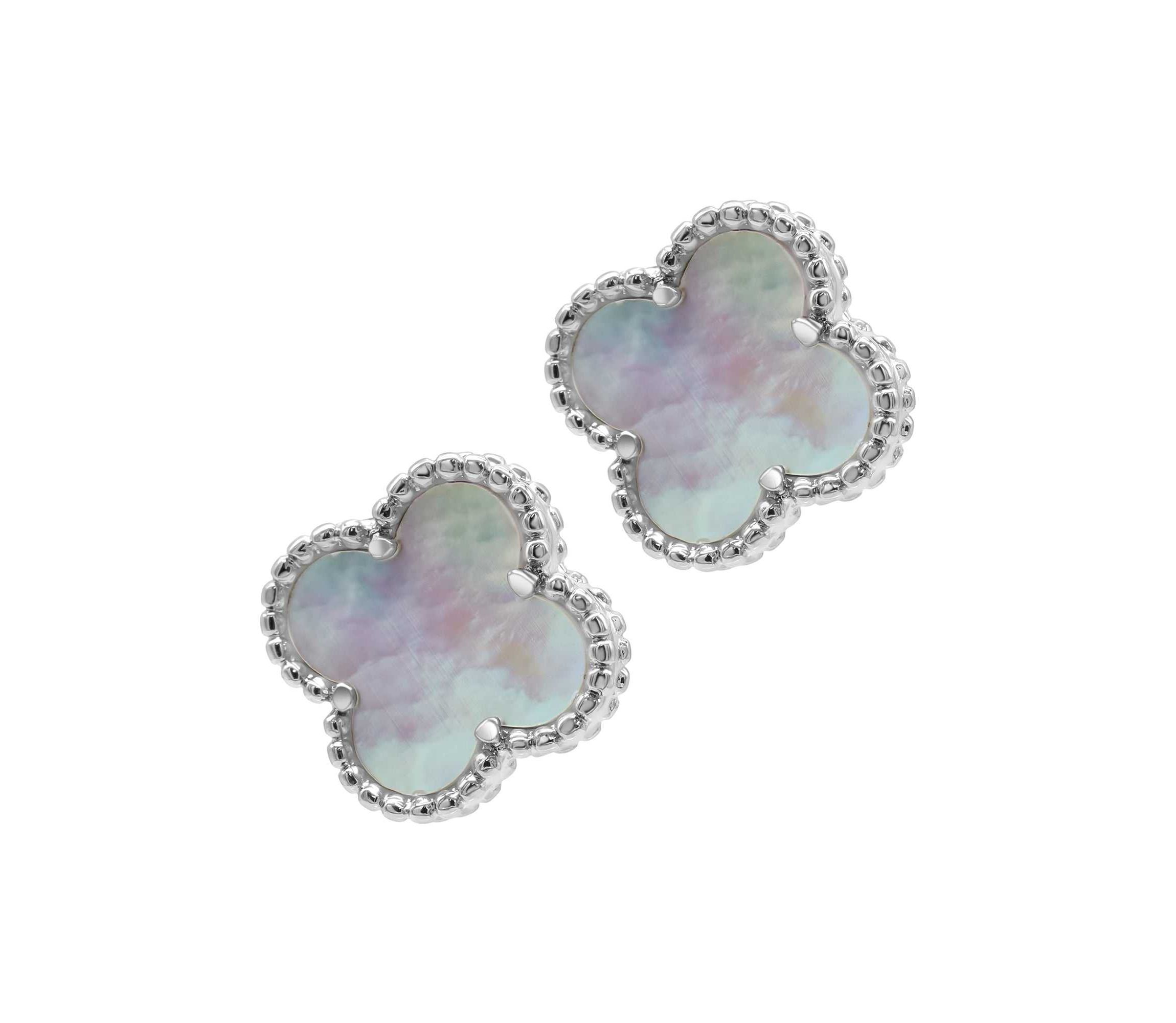 White Mother of Pearl Flower Stud Earrings silver